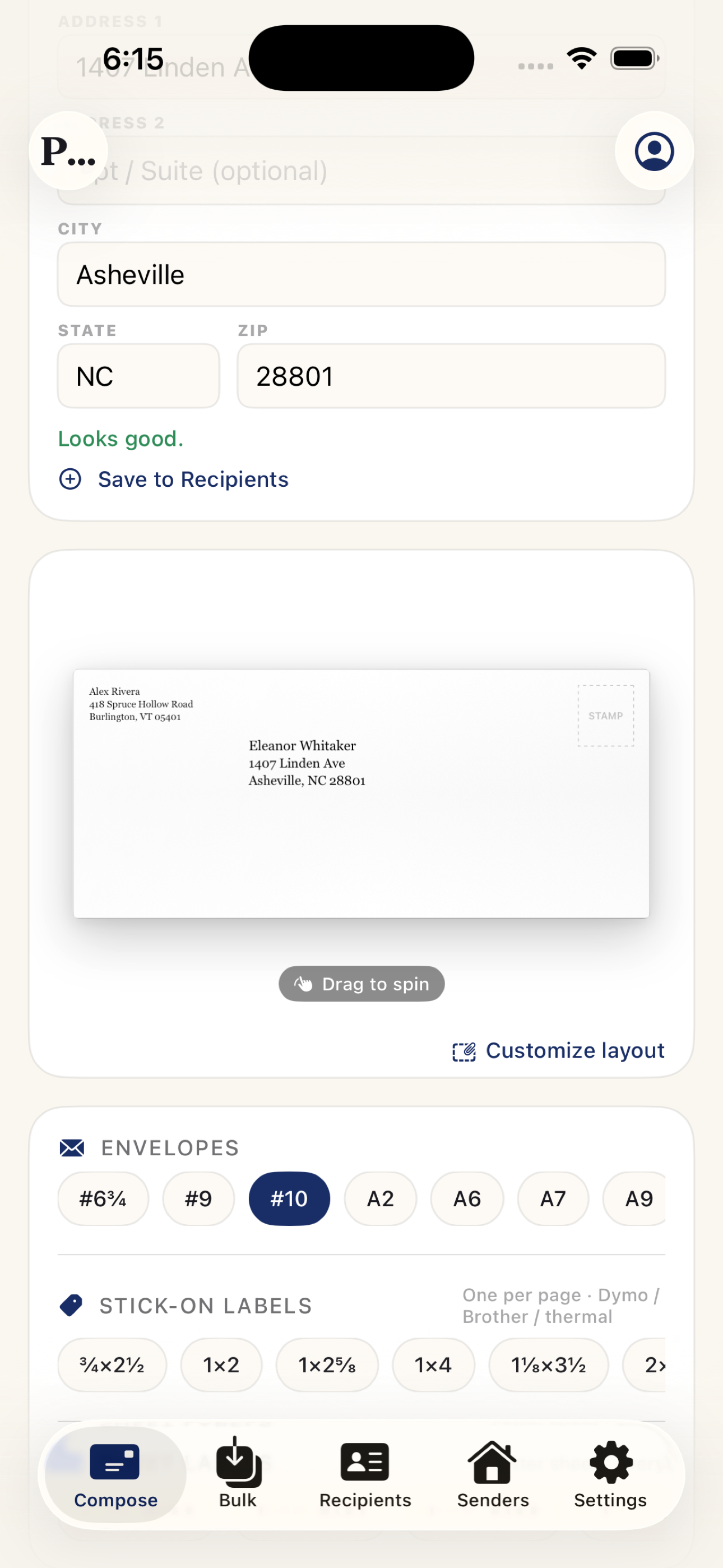 3D envelope preview with size picker