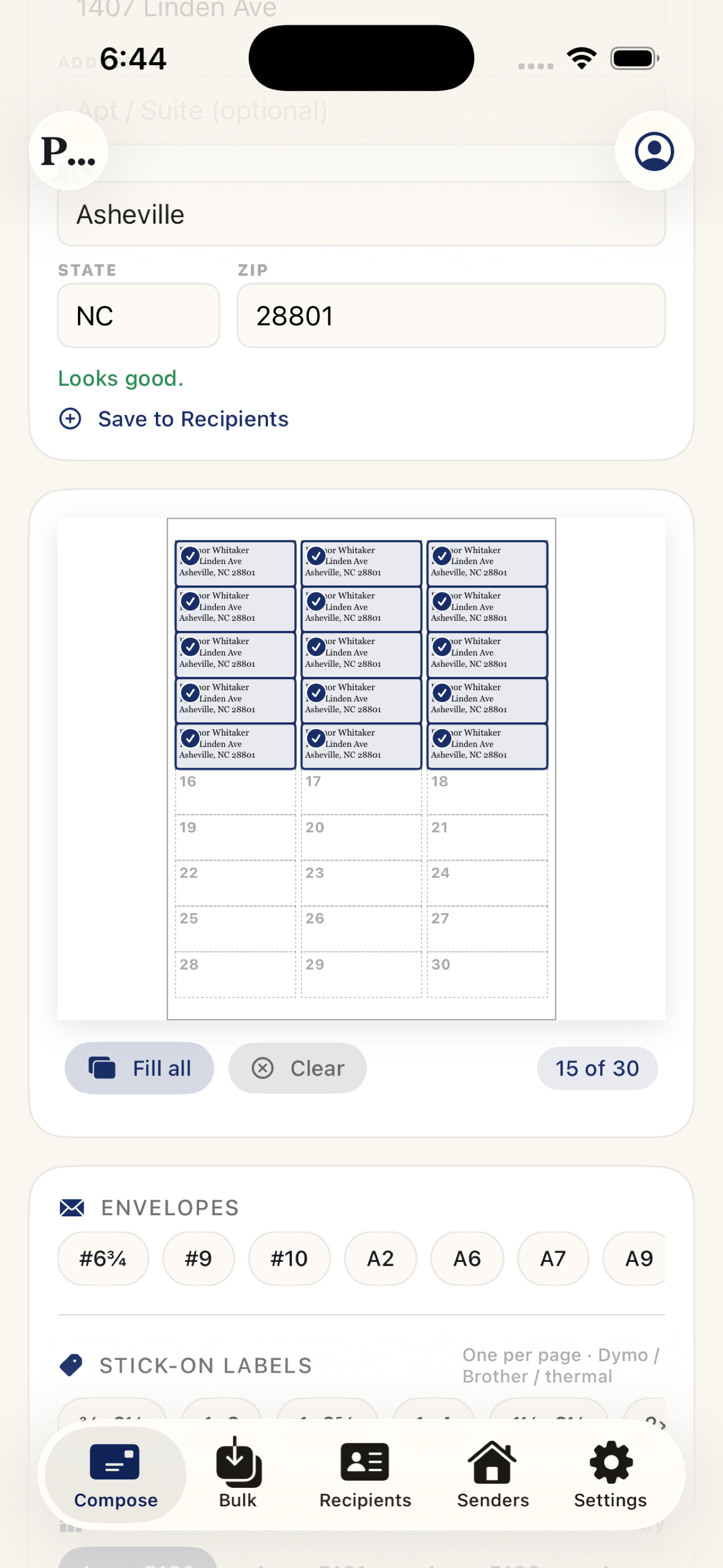 Avery sheet with per-cell selection