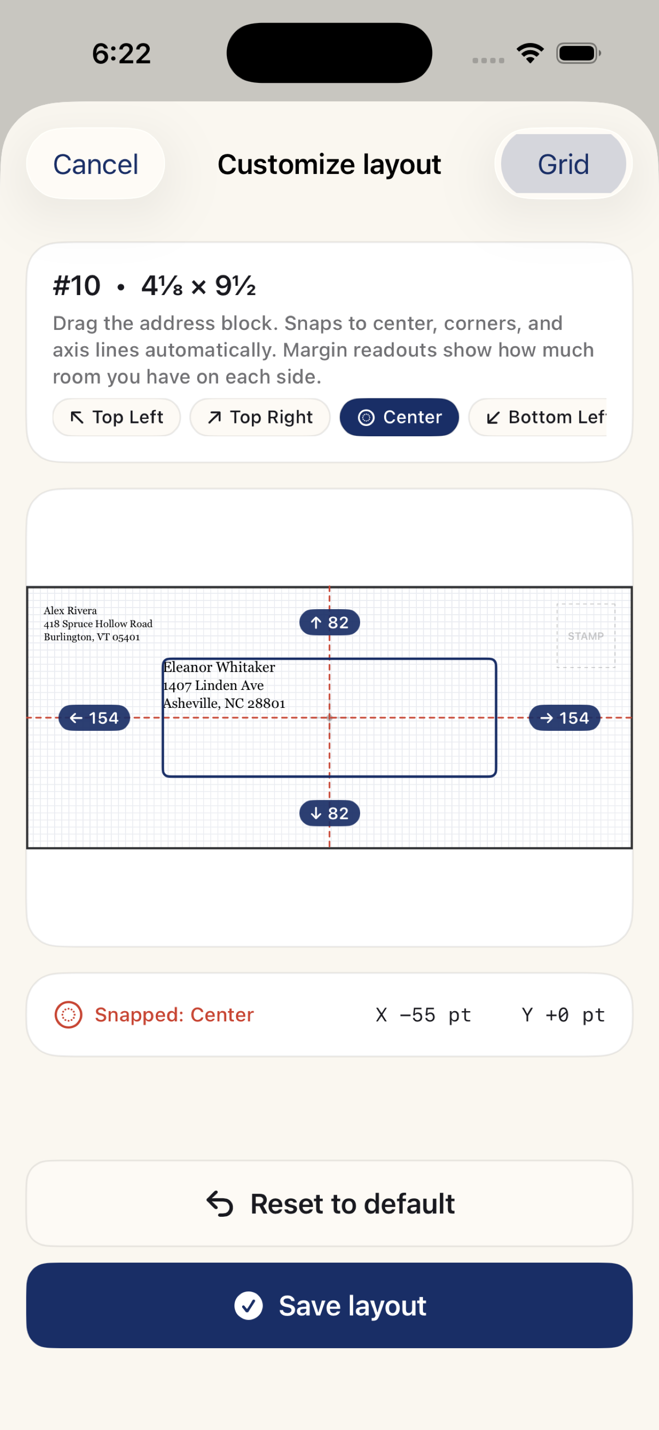 Layout customizer with snap-to guides